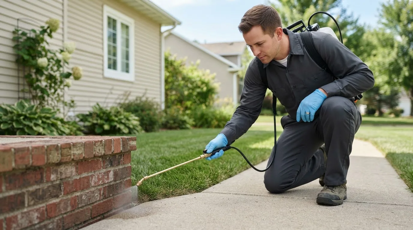 Pest control technician treating a home near Tiffin, IA