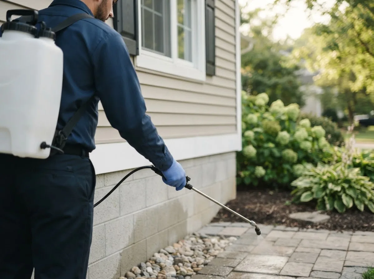 Pest control technician inspecting a home in Tiffin, IA